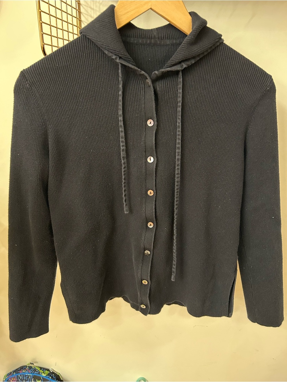Hooded Button-Front Ribbed Cardigan Sweater - Black